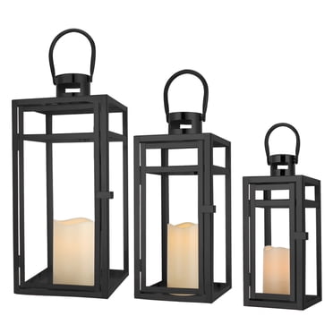 Ensemble de 3 Lanternes en Métal 12&15&19 Pieds'H Lanterne Décorative d'Extérieur Lanterne Suspendue avec Verre Trempé pour Noël Maison Salon Fêtes Événements Table Intérieur Extérieur (Noir Mat)
