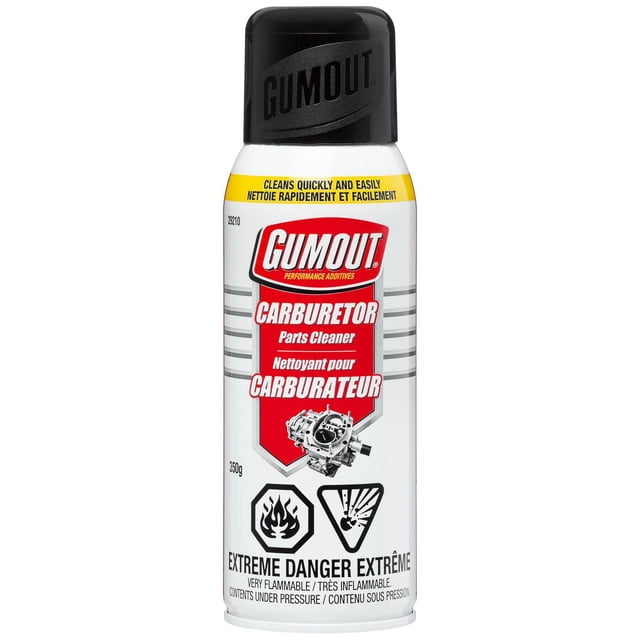 Gumout Carb & Choke Cleaner aerosol can with black cap and white body featuring a red label, formulated to remove gum, varnish, and dirt from carburetor and choke parts, improving engine performance and fuel economy for automotive maintenance.
