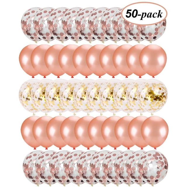 50 PCS Rose Gold Confetti Balloons for party supplies, including rose gold latex balloons, semi-transparent balloons with rose gold confetti, and gold confetti balloons. Perfect for birthday decorations, weddings, and baby showers. Balloons measure 12 inches in diameter and support helium or air filling.
