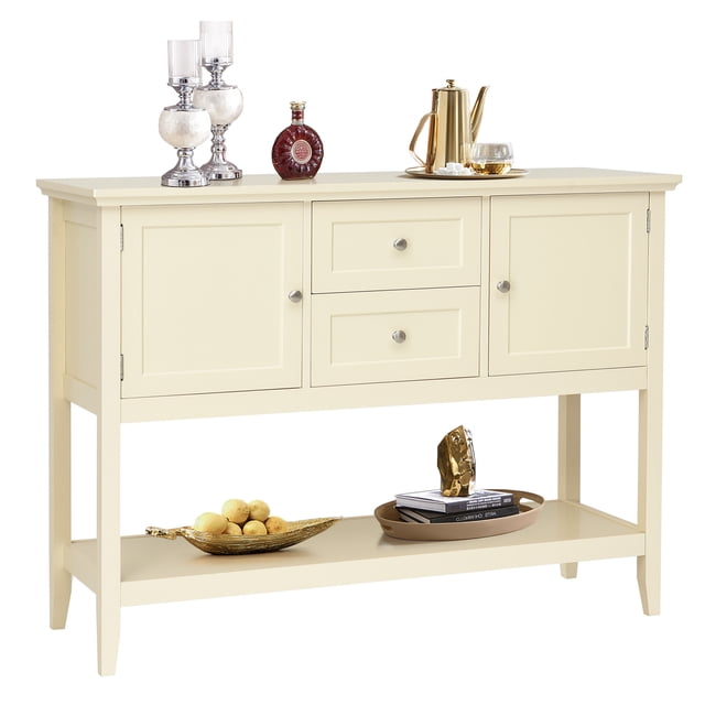 Patiojoy Buffet Cabinet Sideboard Wooden Console Table with 2 Storage Drawers & 2 Cabinets & Bottom Shelf Beige