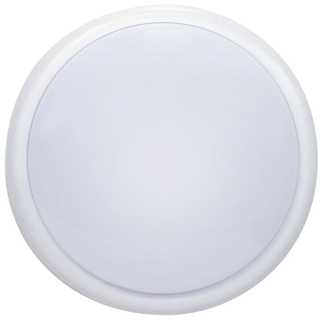 Globe Electric LED White Under Cabinet Puck Light with Automatic Shut off, a round white plastic puck light with a smooth domed diffuser, designed for indoor lighting accessories, featuring energy-efficient LED technology and automatic shut-off for convenience.