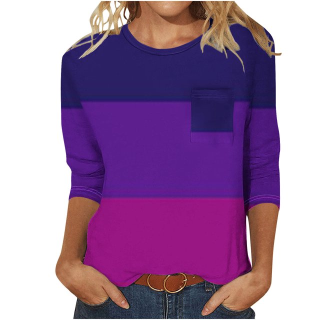 Blouses pour Femmes Haut Décontracté Uni à Col Rond à Manches 3/4 et à Poche à Manches 3/4 pour Femmes