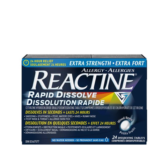 Reactine Extra fort Dissolution rapide, comprimés antiallergiques pour picotements oculaires, urticaire, écoulement nasal, soulagement 24 h, 24 comprimés