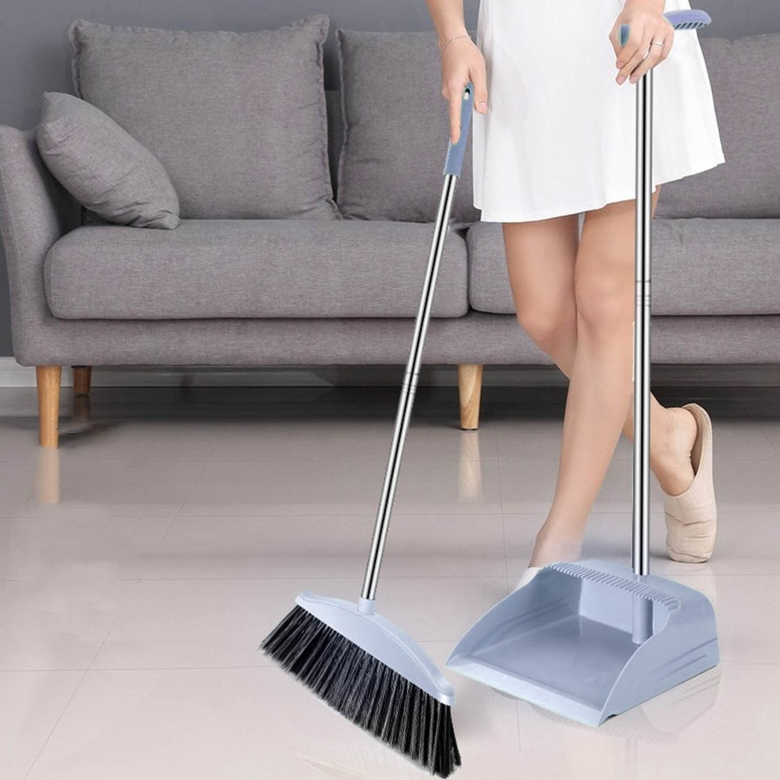 Roiihwy Broom with Dustpan Combo Set, 28" Dust Pan with Long Handle 35" Broom, Broom and Dust Pan Set for Home Kitchen Room Office Lobby Floor Use, Gray