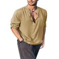 thumbnail image 2 of Men‘s Henley Shirt  Solid Color Long Sleeve Stand Collar Button-Down Loose Simple Linen Beach Tops, 2 of 6