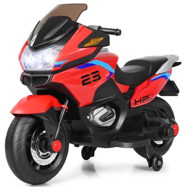 Patiojoy Electric Kids Ride On Motorcycle Battery Motor Bike Toy with Headlights & Music in red, designed as a powered ride-on toy for children aged 37-96 months. Features training wheels, spacious seat, non-slip handles, and a sturdy metal frame supporting up to 66 lbs. Made of durable PP material with USB port, AUX input, and TF card slot for music playback. Suitable for various road types like asphalt and brick. Dimensions: 45 x 19 x 30 inches.