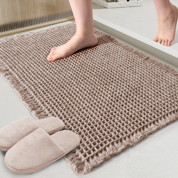 Tapis de Bain Gaufré ZALL Tan, Tapis de Salle de Bain Super Absorbant Antidérapant, Brun 24x36 Pouces, Tapis de Sol Ultra Doux Lavables à la Machine