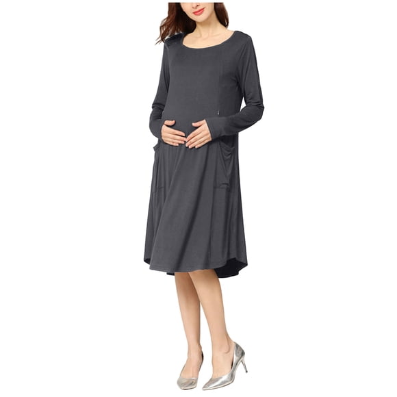 Tranfacy Women's Fashion Maternity Dress with Solid Color Print and Zipper Nursing Long Sleeve Pregnancy Dress for Fall Winter Baby Shower