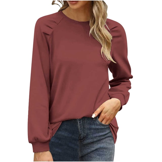 Timegard Hauts pour Femmes Manches Longues Col Rond T-Shirts Décontractés Confortables Couleur Unie Blouses Basiques