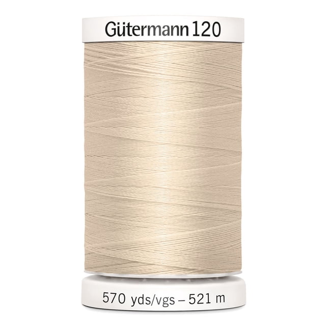 Gutermann 120 100% polyester all purpose thread spool in beige, tightly wound with 570 yards (521 meters) length, suitable for machine and hand sewing woven, knit, and synthetic fabrics, also ideal for craft and mending projects.