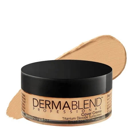 Dermablend Cover Creme, Full Coverage Cream Foundation 20W in a 28g jar with a black lid, displayed alongside a swatch of the foundation showcasing its creamy texture and warm beige tone. Offers maximum moisturizing coverage, helps repair the skin barrier, and provides up to 16 hours of smudge-resistant wear.