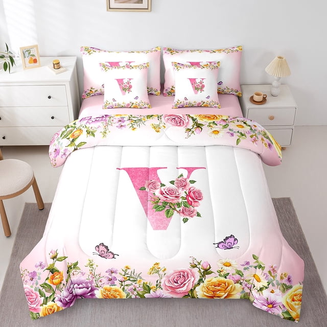 Erosebridal Ensemble de Literie Complet Format Double à Initiale Florale, Ensemble de Lit Fleurs et Papillons, Déco de Chambre pour Ados, Réversible, 7 Pcs
