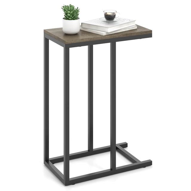 Costway Table d'Appoint en Forme de C Table de Canapé Industrielle avec Cadre en Métal Robuste Gris
