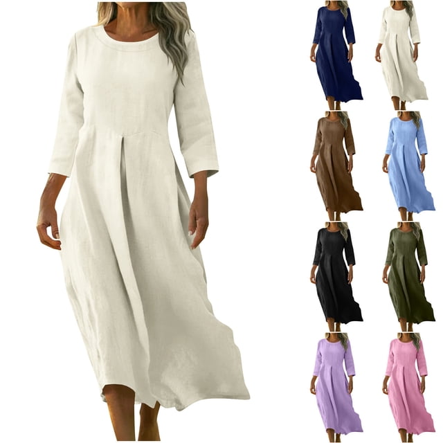 Pisexur Robes en Coton et Lin pour Femmes Décontractées Unies à Boutons Longues Robes Mode Col Rond Manches 3/4 Robe Maxi Fluide pour Quotidien, Travail, Plage P-2TG, Violet