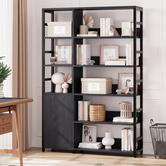 Bibliothèque Industrielle à 5 Niveaux avec Portes à Cadre, Bibliothèque en Bois à Cadre Métallique, Tablettes Ajustables et Garde-Corps de Sécurité pour Salon et Bureau à Domicile
