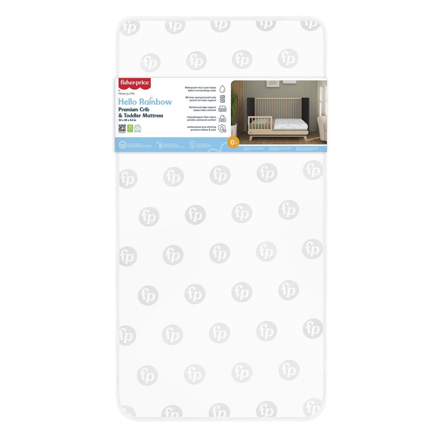 Matelas pour lit bébé Fisher Price by Dream On Me Hello Rainbow, taille standard, blanc avec cercles FP gris