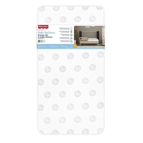 Fisher Price by Dream On Me Hello Rainbow Full Size Crib Mattress, In White with Grey FP circles