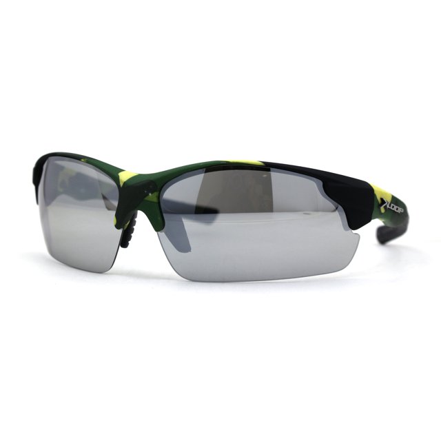 Mens Xloop Hunters Camo Half Rim Plastic Sunglasses Green Yellow Silver Mirror