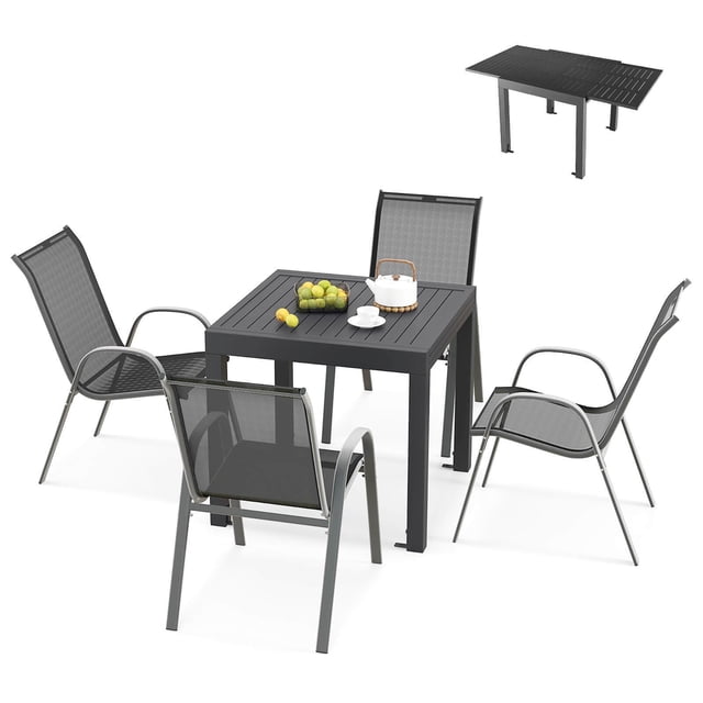 Gymax Ensemble de Salle à Manger d'Extérieur 5 Pcs avec Table en Aluminium Extensible et 4 Chaises Empilables
