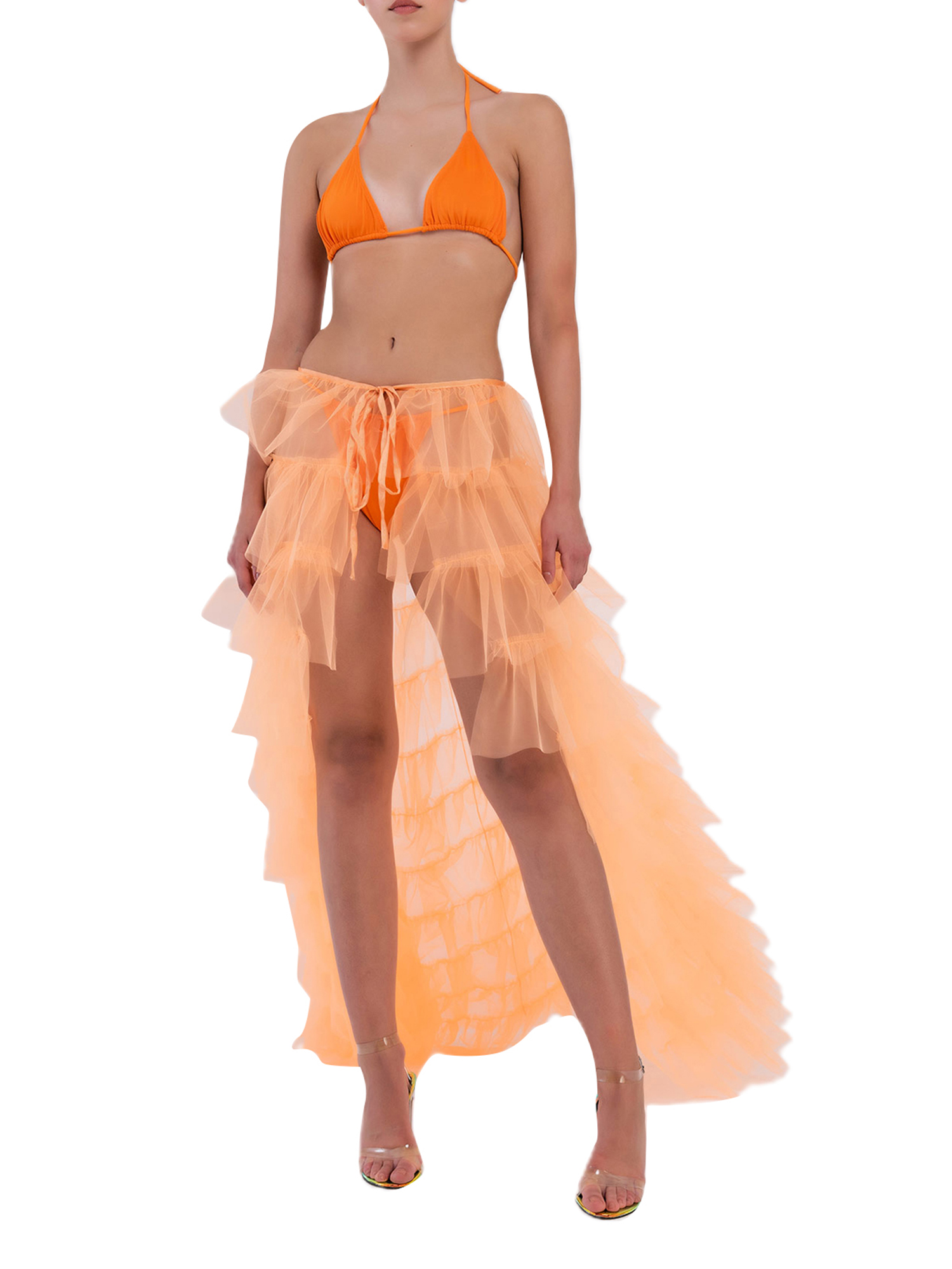 Fortune Women Tulle Skirt Solid Color Mesh Irregular Floor Length Party Skirt