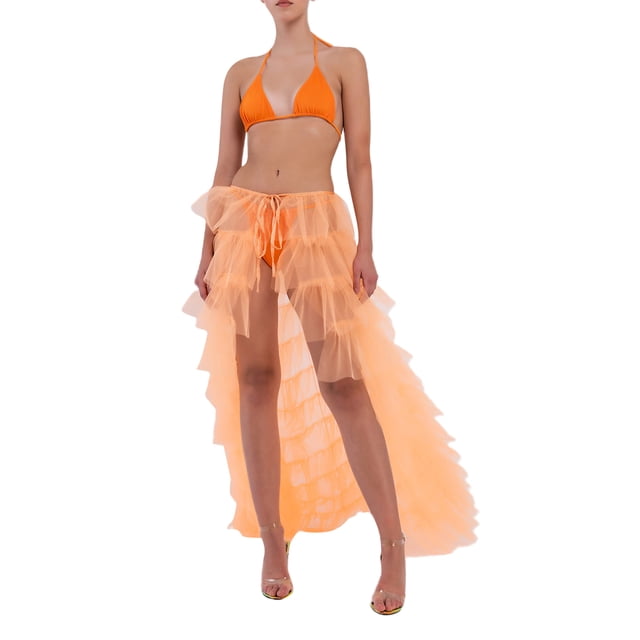 Fortune Women Tulle Skirt Solid Color Mesh Irregular Floor Length Party Skirt
