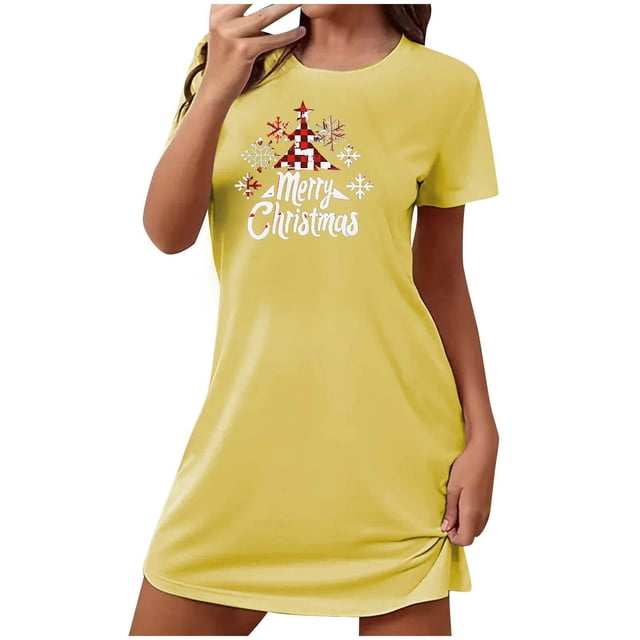 Sakmal Grande Taille Moomoos pour Femmes Sommeil Noël Doux Jaune Confortable Robe de Maison Col Rond Manche Courte Courte Joyeux Noël Imprimé Chemises de Nuit P-2TG