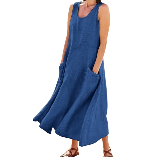 JIRNDf Robes Maxi d'Été pour Femmes Tendance Couleur Unie Col Rond Poches Longues Robes d'Été Quotidiennes pour Femmes Robe Boho Bleue TG