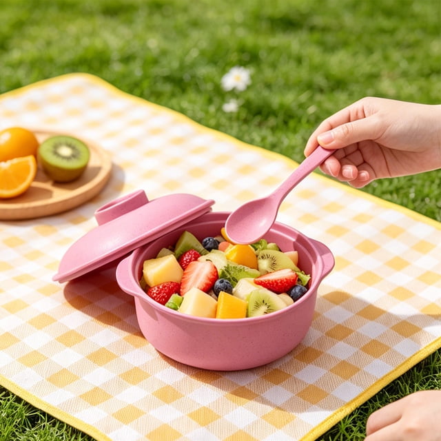 Vacemry Straw Soup Bowl With Lid And Spoon Microwave Safe, Mini Rice Bowl With Handles ForKidsKitchen Dining Home Daily Use, Durable Plastic Cute Little One Cereal Dish