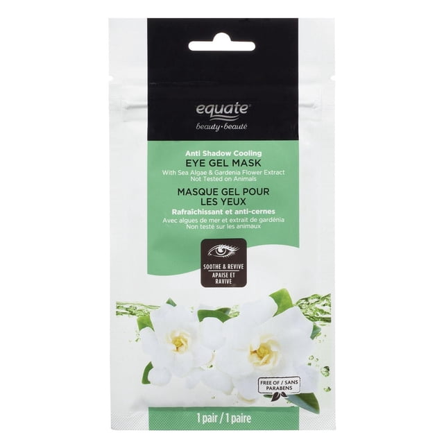 Anti Shadow Cooling Eye Gel Mask with Sea Algae and Gardenia Flower Extract by Equate Beauty in a sealed white and green packet featuring bilingual English and French text, highlighting soothing and reviving effects for the delicate eye area, free of parabens, containing one pair.