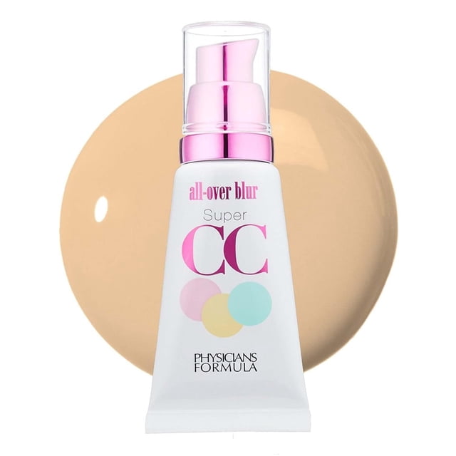 Physicians Formula Super CC Color-Correction + Care All-Over Blur Cream SPF 30 Light/Med — centered front-facing tube with twist-off cap, compact labeled CC and SPF 30, 12 g; weightless CC cream serving as moisturizer, primer and foundation with yellow, green and pink color-correcting pigments, often used as a lightweight makeup base for travel.