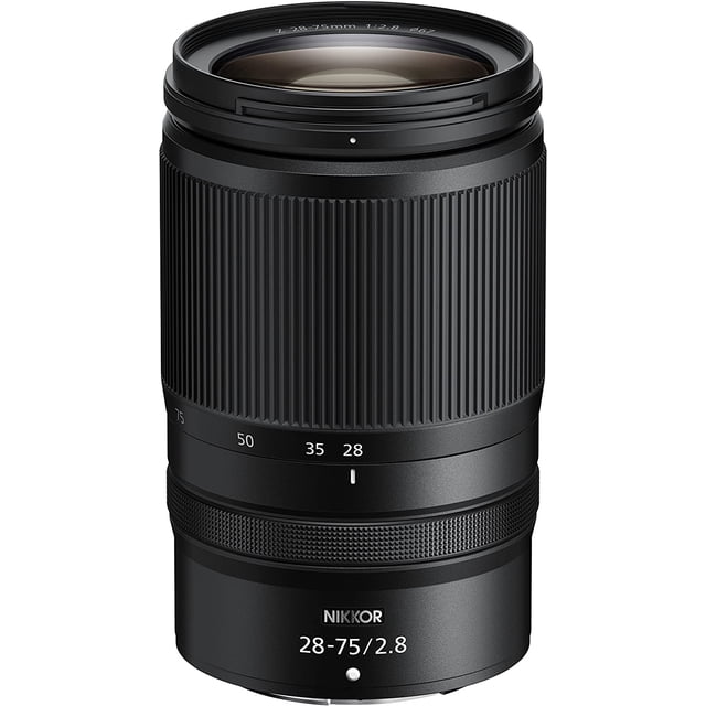 NIKKOR Z 28-75mm F/2.8 lens with a compact, lightweight design, featuring a fast constant aperture of f/2.8 across the zoom range. The lens is compatible with Nikon Z series mirrorless cameras, offering a 28-75mm range on full-frame FX format and 42-112mm equivalent on DX format. It includes a smooth control ring for video adjustments, close focusing up to 7.5 inches, and suppressed focus breathing for consistent framing during video recording.
