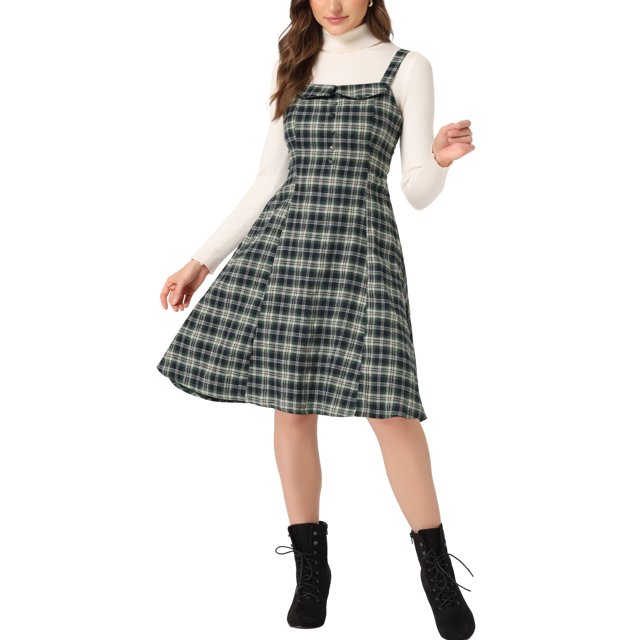 INSPIRE CHIC Robe à Bretelles pour Femme Rétro à Carreaux Col Carré Ligne A Midi Robe Salopette m Vert