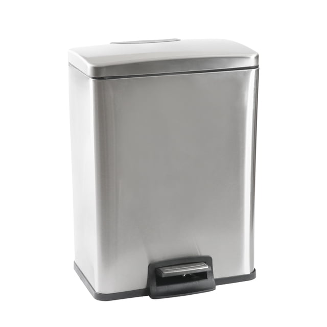 Hometrends 40 Litre Stainless Steel Pedal Trash Can with fingerprint-resistant satin finish, rectangular design, soft-close lid, and black foot pedal, featuring a removable interior pail with bag cinch for a secure fit, ideal for kitchen or office waste management.