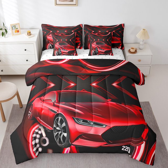 YST Red Racing Car 7 Piece Comforter Set,Sports Car Theme Bed in a Bag with Flat Sheet and Fitted Sheet,Extreme Sport Down Comforter,Speed Automobile Bedding Set with Pillowcase & Sham,King