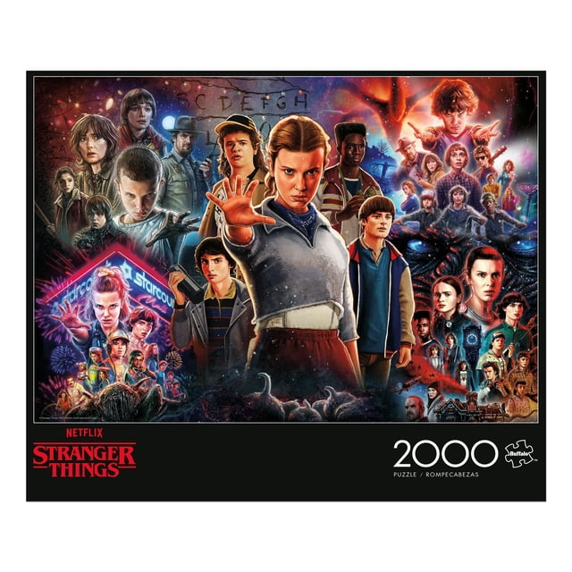 Buffalo Games Stranger Things Season Collage 2000-Piece Interlocking Jigsaw Puzzle for Adults Ages 14-99 Years featuring a multicolour collage of Stranger Things Season characters and iconic scenes like the Starcourt Mall sign and Christmas light alphabet wall, made from recycled puzzle board with precision-cut pieces and includes a full-colour bonus poster, ideal for fans and puzzle collectors.