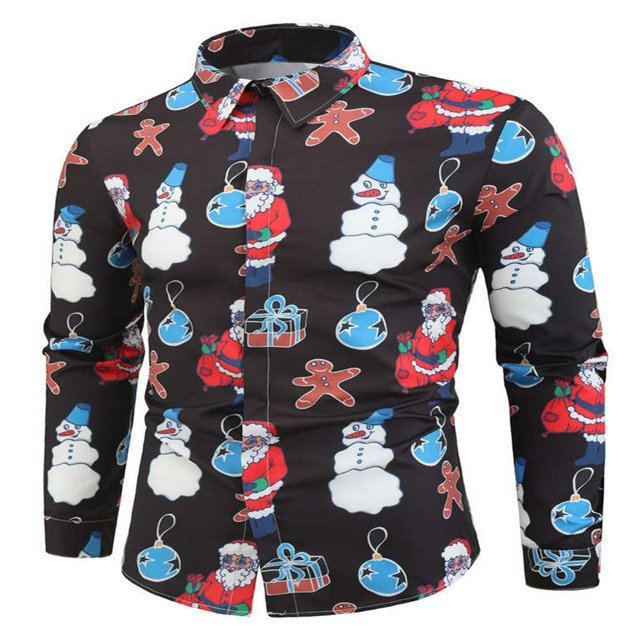 Men‘s Christmas Dress Shirts Fun Printed Long Sleeve Regular Fit Button Down Shirts Light Blue M