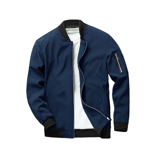 FAROOT Men's Bomber Jacket in solid navy blue with contrast black accents, featuring a stand collar, long sleeves, and zip front closure. This men's outerwear includes zippered sleeve pockets and side pockets, made from 100% polyester for lightweight comfort. Ideal for casual wear, outdoor activities, and spring or autumn seasons.