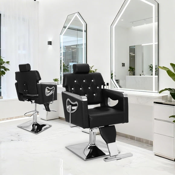 Fauteuil Inclinable de Salon pour Coiffeur, Fauteuil de Barbier en Cuir PU avec Coussin en Éponge Haute Densité, Hauteur Hydraulique Réglable et Pivotement à 360°, pour Usage Domestique et Professionnel, Noir et Chrome