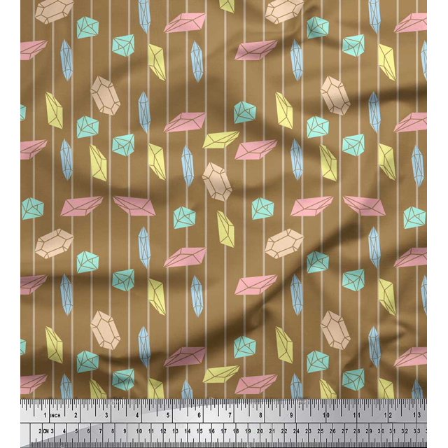 Soimoi Brown Rayon Crepe Fabric Crystals & Stripe Print Sewing Fabric BTY 46 Inch Wide