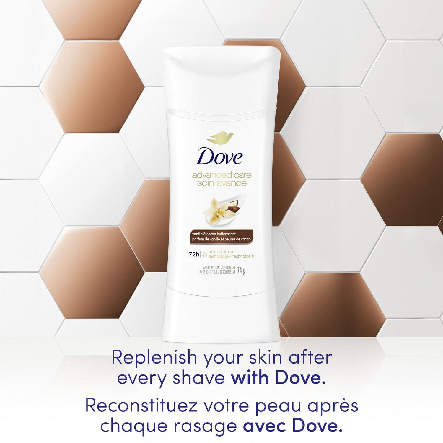 Dove Soin Avancé Désodorisant Antisudorifique Vanille et Beurre de Cacao, 74 g
