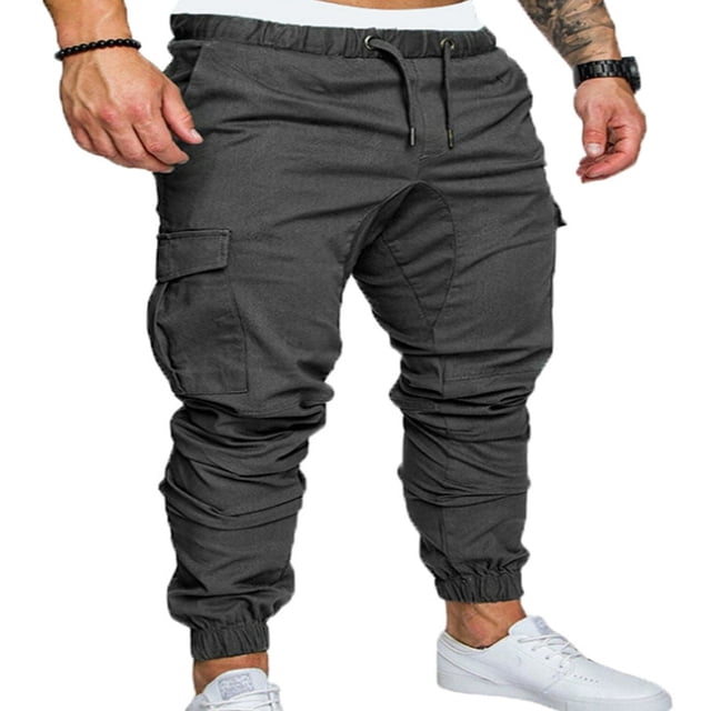 Men‘s Cargo Pants Slim Fit Sweatpants Jogger Drawstring Elastic Outdoor Trousers with Pockets