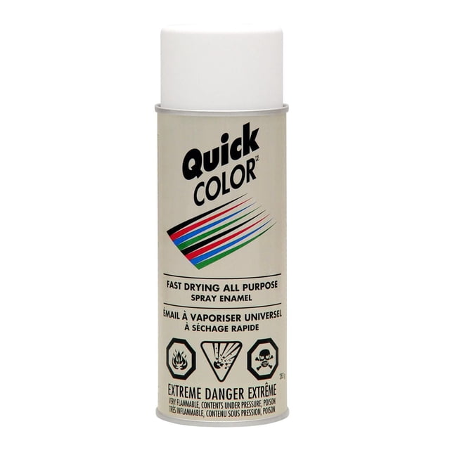 Rust-Oleum Specialty Quick Color Flat White Enamel Spray can with white cap and beige label featuring multicolored stripes, a fast drying all-purpose spray enamel weighing 283 g, ideal for home improvement spray paint applications, with hazard symbols for flammability, pressure, and toxicity.