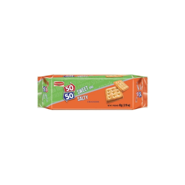 Britannia Fifty Fifty 62 G Indian sweet and salty crackers pack with green and orange wrapper showing two square crackers and 50 50 logo, suitable as a savory snack or namkeen option