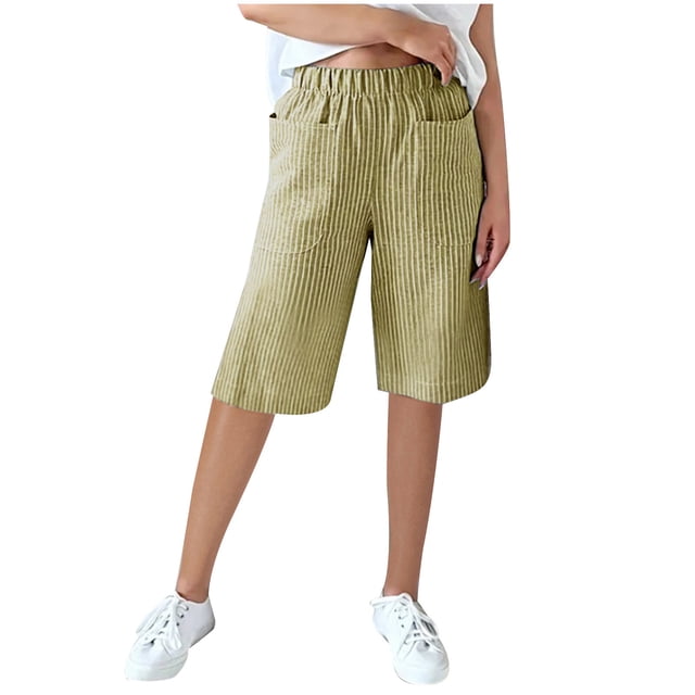 AherBiu Shorts Droits Taille Haute à Rayures pour Femmes avec Poches, XXXX-Large