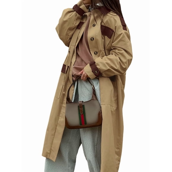 Women'S Retro Contrast Color Long Sleeve Lapel Long Trench Coat Fashion Single Breasted Oversized Windproof Coat Khaki S
