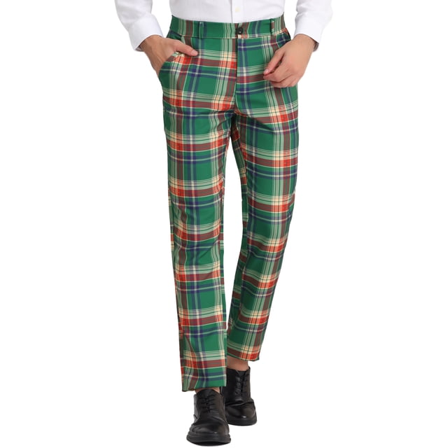 INSPIRE CHIC Work Pants for Men Plaid Business Formal Prom Checked Trousers 34 Green Red