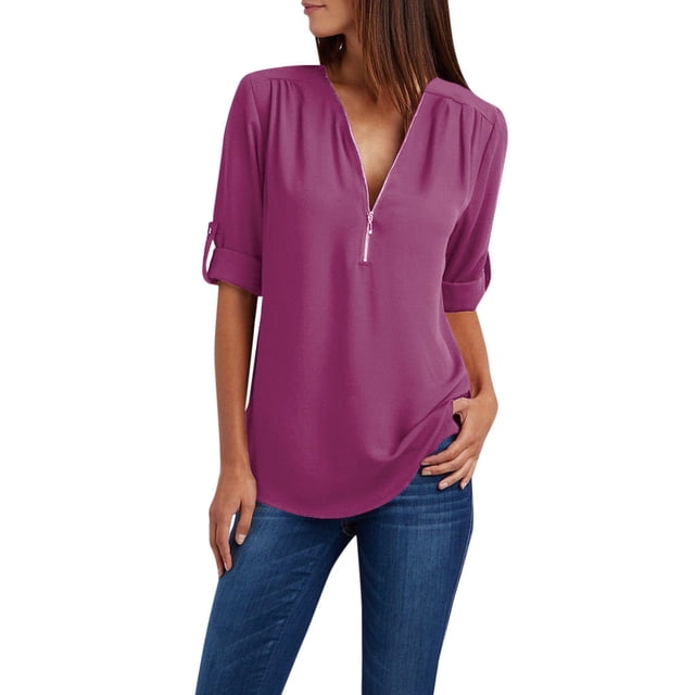 Women Ladies Zipper Button Long Sleeves Loose Chiffon Shirt Clothing