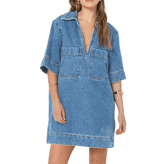 Womens Summer Collared V Neck Mini Casual Jean Dresses with Pockets L