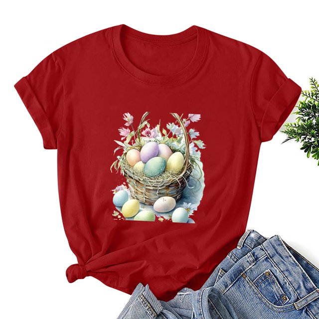 EGNMCR Chandails de Pâques pour Femmes Chandails pour Femmes Imprimé de Pâques T-Shirt Décontracté Imprimé à Manches Courtes pour Femme Haut T-Shirt à Manches Courtes Col Rond Hauts/chemises T-Shirt pour Femmes