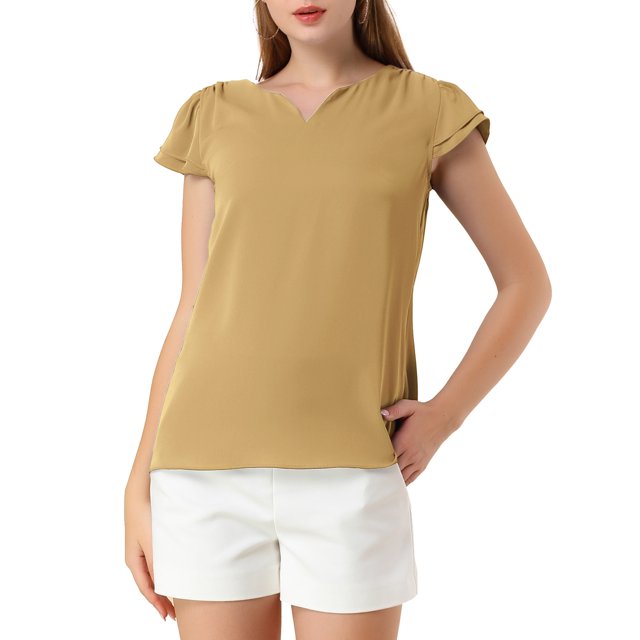 INSPIRE CHIC Women's Solid V Neck Cap Short Sleeves Work Blouse